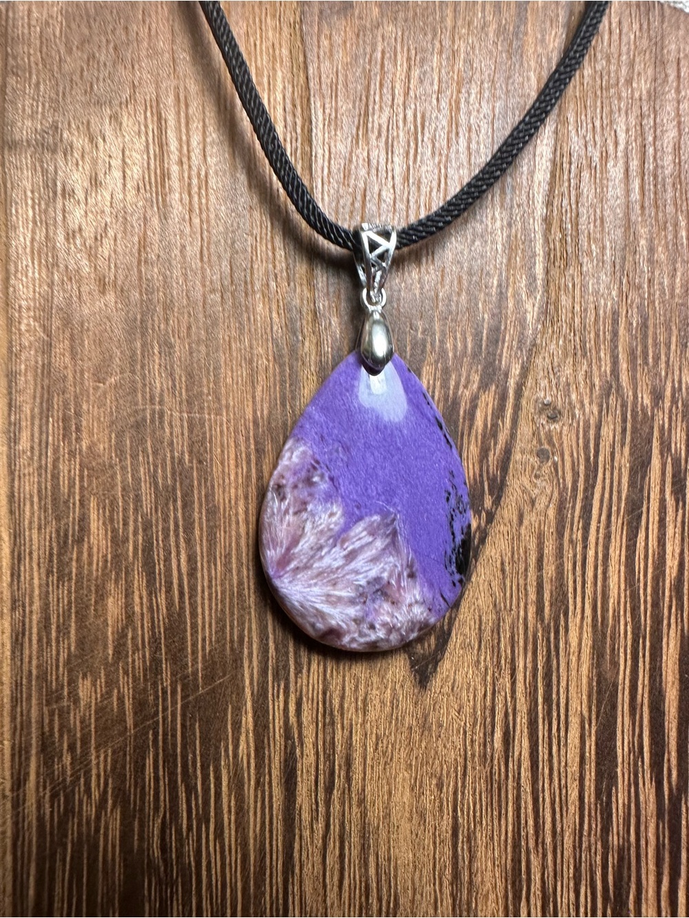 Charoite Teardrop Necklace on Sterling Silver Bail and Black Rope - Picture 5 of 14